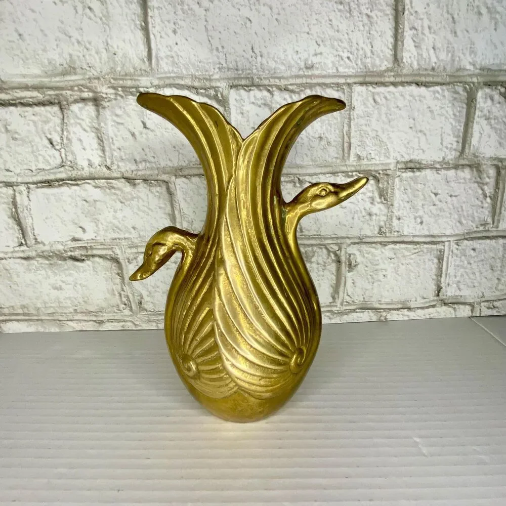Midcentury Brass Double Swan Vase Planter Art Deco Hollywood Regency...7.5